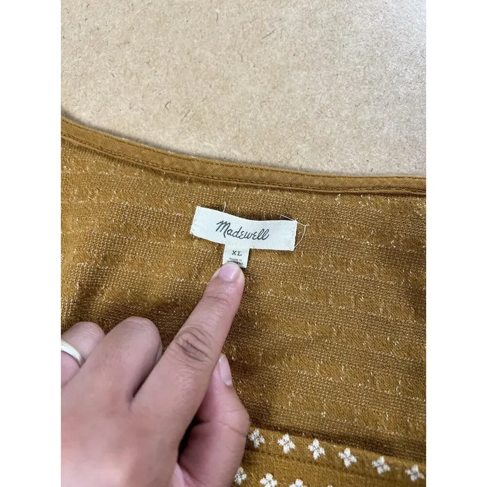 Madewell T-Shirt Womens XL Brown Square Neck Puff Sleeve Knit Geometric Stretch